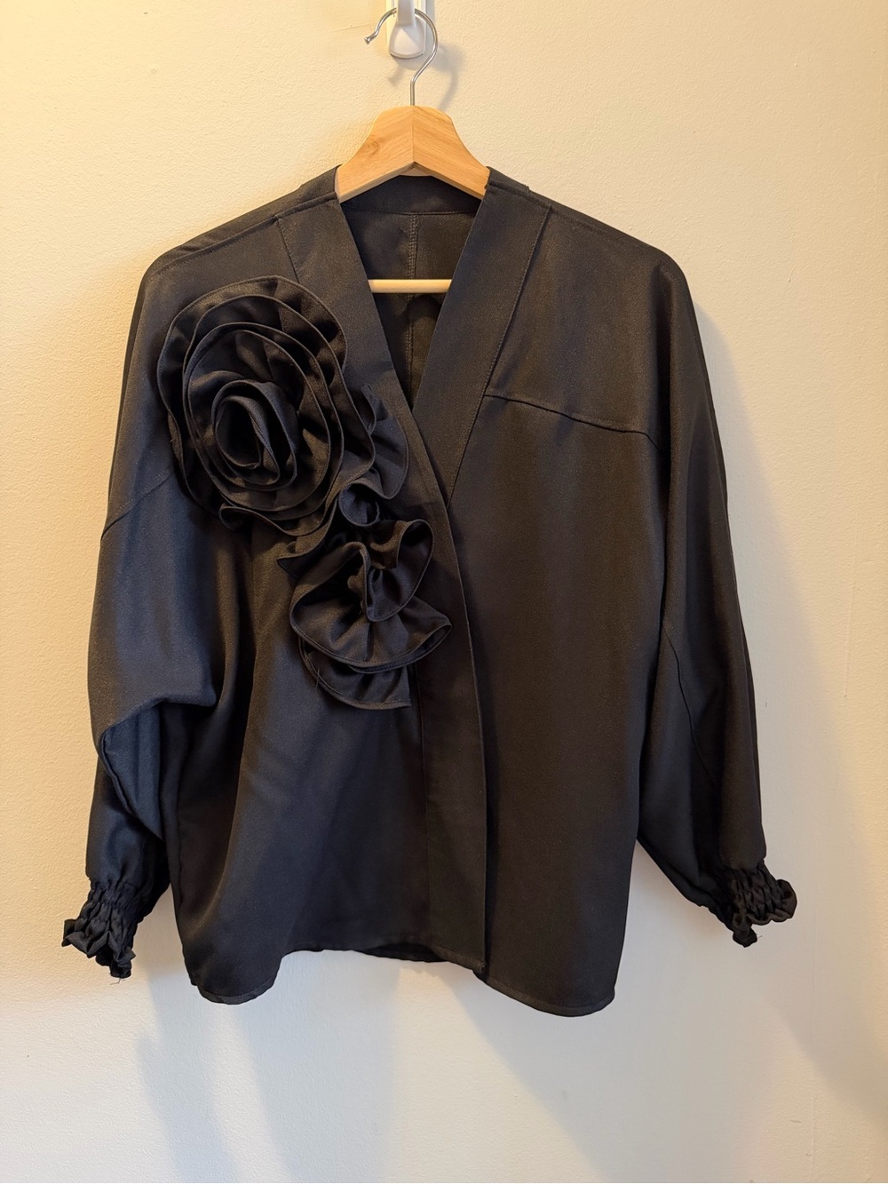 Black Satin Floral Applique Blazer